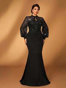 Serin Plus Size Elegant Black Winter Formal Wedding Mermaid Hem Dress,Teardrop Collar Puff Sleeve Sequin Patchwork Applique Mother Of The Bride Party Gown - Black - View 6