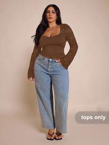 SHEIN BAE Plus Size Women Lace Patchwork Long Sleeve Top - Brown - View 4