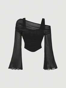 SHEIN MOD 二合一露肩网纱喇叭袖长袖女式衬衫，多件装，春季百搭，西式、复古、70年代风格，单件派对款 - 彩色 - 查看 7