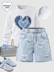 Tween Girl Heart Print Long Sleeve Top And Button Pocket Denim Shorts Casual Outfit - Light Wash - View 3