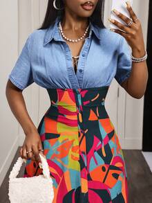 Slaydiva Women's Casual Vacation Style Tropical Print Short Sleeve Waist Cinched Denim Dress, Spring/Summer/Autumn - Blue - View 7