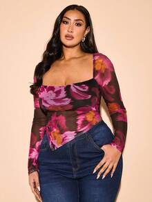 SHEIN BAE 大码女式紫色花卉印花黑色底方领透视网纱长袖露背上衣，适合休闲、外出、约会、下午茶、度假、春夏、返校季、毕业季等场合。 - 紫色 - 查看 6