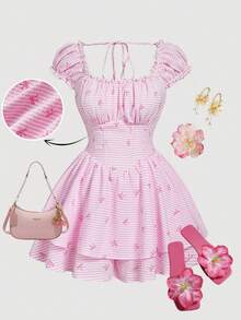 SHEIN MOD Váy liền quần cỡ lớn màu trắng trơn, viền bèo nhún, phần ngực xếp ly, gấu váy xếp tầng, tay ngắn, gấu váy đôi, váy dự tiệc dã ngoại, váy thắt nơ, váy dự tiệc trà, váy kẻ sọc hồng, váy nữ. - Màu Hồng baby - Xem 7
