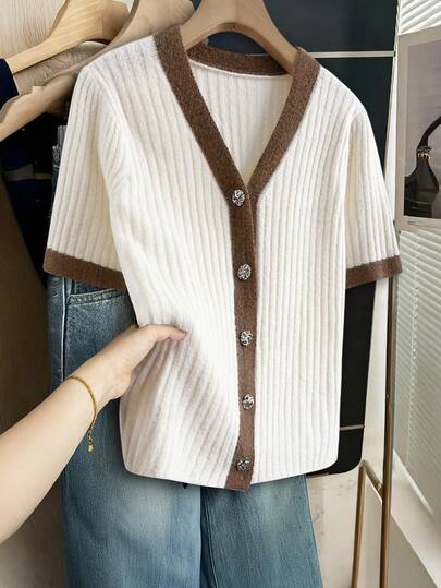 Resyla Cárdigan casual ligero de mujer con bloqueo de color de café y albaricoque, de cuello en V y manga corta con botones, de moda y versátil