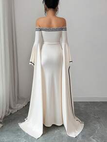 Elenzga Elegant Waist Cinched Off-Shoulder Apricot Long Dress, Fashionable & Chic, Spring/Summer - Apricot - View 2