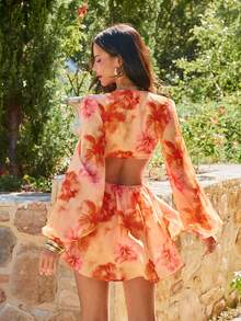 KARISMINA 女士印花长袖镂空扭结前襟连体裤，夏季时尚单品 - 彩色 - 查看 2