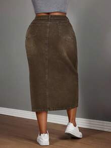 Slaydiva Plus Size Casual Denim Mini Skirt With Belt Loops And Slit Summer - Coffee Brown - View 2