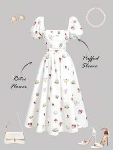 SHEIN MOD Váy midi nhún bèo tay bồng họa tiết hoa trắng khoét ngực - Nhiều màu - Xem 2