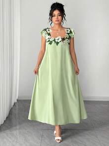 Elenzga Đầm maxi cổ vuông thanh lịch dành cho nữ cỡ lớn, đầm ren hoa phối ren trang nhã, đầm dệt kim hai lớp màu xanh lá cây kiểu cổ điển mùa xuân/hè thanh lịch, dáng chữ A thắt eo che khuyết điểm vòng bụng, đầm dệt kim thích hợp cho lễ tốt nghiệp, ngày lễ, ngày Valentine, lễ hội âm nhạc, ngày của Mẹ, Halloween, Lễ Tạ ơn, Lễ Phục sinh, ngày Quốc khánh, dạ hội, hẹn hò, tiệc tùng, mùa cưới, dã ngoại. - Màu xanh Ô liu - Xem 1