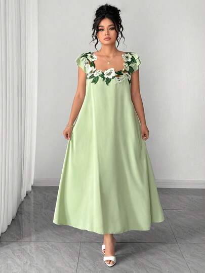 Elenzga فستان ماكسي أنيق بياقة مربعة للمرأة بحجم كبير، فستان أنيق بتصميم رقعة من الدانتيل والزهور، فستان أنيق بطبقتين من الأخضر بطراز كلاسيكي للربيع/الصيف، فستان مخصر بتصميم A-Line يخفي البطن، فستان منسوج مناسب للتخرج، العطلات، عيد الحب، مهرجان الموسيقى، عيد الأم، هالوين، ، عيد الفصح، اليوم الوطني، الحفلات الراقية، المواعيد، الحفلات، موسم الزفاف، الرحلات الخارجية