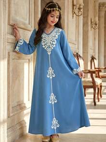 少女休闲度假复古图案印花宽松摆七分袖睡袍 - 藍色 - 查看 7