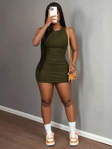 Slaydiva 夏季休闲基础款圆领无袖修身吊带裙/半身裙，纯蓝色 - 軍綠色 - 查看 7