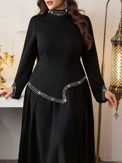 Modelyn Pearl & Rhinestone Decor Irregular Hem Long Sleeve Round Neck Fitted Top Paired With Chiffon Skirt, Elegant & Romantic Urban Lady Style, Plus Size Women 2-Piece Set