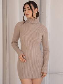 Andrea Bello High Neck Long Sleeve Fitted Rib Knit Mini Sweater Dress Classy Sexy Streetwear Fall Autumn Night Out Winter Christmas Party Evening Party Elegant New Year Thanksgiving - Light Grey - View 6