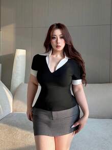 Vibekara 大码女式短袖拼接休闲黑白衬衫，春夏款 - 黑與白 - 查看 3