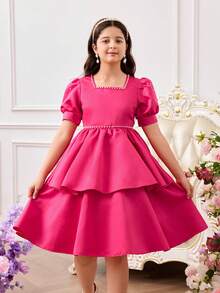 Tween Mädchen Partykleid mit quadratischem Ausschnitt, Puffärmeln, Kunstperle-Dekoration und taillierter Taille, Sommer - Heißes Pink - Übersicht 5