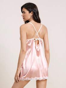 Hourtrue Women's Nightgown, Mature Floral Print Satin Lace Trim Sleepwear Dress, V-Neck Criss-Cross Open Back Spaghetti Strap Slip Dress, Comfortable Robefor Summer - Dusty Pink - View 2