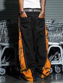 Manfinity EMRG Men's Loose Fit Contrast Color Denim Jeans Black Graphic Sweat Pants - Black - View 2
