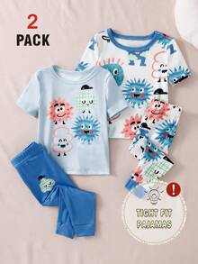 4件套男婴可爱卡通怪兽印花休闲贴身连体衣短袖裤子睡衣套装 - 彩色 - 查看 1