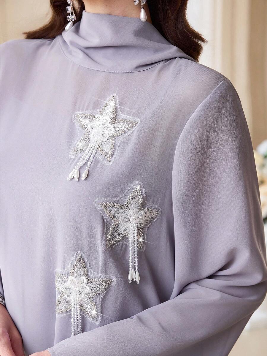 Al Najma Women's Elegant Beaded Embroidery Loose Arabic Style Dress, Autumn - Dusty Purple - View 1