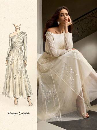 ZEYLAH 亮片不对称腰部超长连衣裙，秋冬