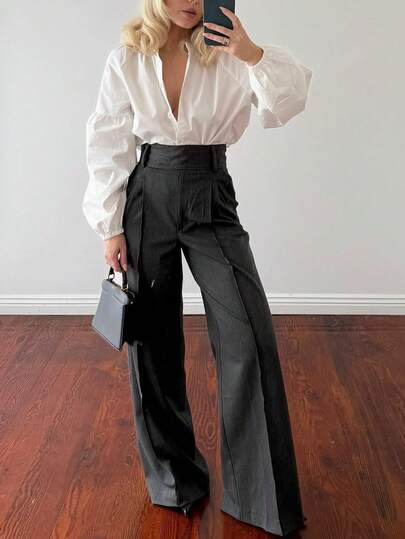 Siren Gaze Women's High-Waisted, Flowy Wide-Leg Suit Pants, New Spring And Autumn Style, Slimming Straight-Leg Casual Trousers, Versatile Trousers For Work And Commuting, Grey Suit Pants. Elegant Pants Black Wide Leg Pants High Waist Pants