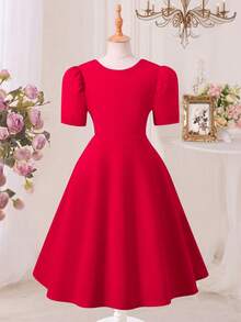Tween GirlsSummer Wine Red Puff Sleeve Midi Dress With Bow & Pearl Decor, Fashionable, Comfortable, Elegant For Party - Red - View 2