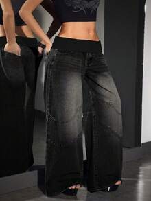 Flirla Plus Size Women Patchwork Color Casual Street Versatile Commute Loose Fit Denim Wide Leg Pants Everyday Black Summer - Black - View 3