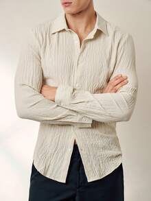 RONVEXI Áo sơ mi dài tay nam màu trơn kiểu dáng thường ngày - Màu be - Xem 4