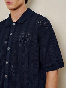 RONVEXI Men's Casual Solid Color Front Button Short Sleeve Hollow Knit Top, Summer Men Linen Shirts Men S Textured Shirt Men Buttoned Knitted Polo Open Knit Shirt Men Men Crochet Shirt