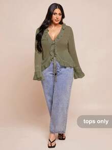 SHEIN BAE Áo cánh voan thanh lịch đầu xuân cỡ lớn dành cho nữ, có viền xếp nếp và tay dài, thích hợp cho những buổi hẹn hò lãng mạn, gặp gỡ bạn bè, hoạt động nghỉ dưỡng và những buổi đi chơi duyên dáng hàng ngày - xanh quân đội - Xem 3