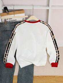 Betty Boop x SHEIN Women's Casual Fashionable Street Style Everyday Commute Leopard Print Digit & Cartoon Character Contrast Striped Side Oversized Loose Thermal Lined Crew Neck Sweatshirt, Autumn/Winter - White - View 2