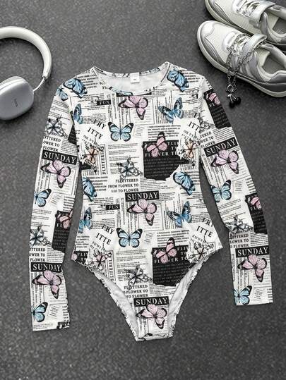 SHEIN Mono de manga larga con estampado de periódico para niñas preadolescentes, uso casual diario