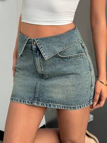 EURMUSE Low Waist Belt Detailed Mini Denim Skirt - Medium Wash - View 6