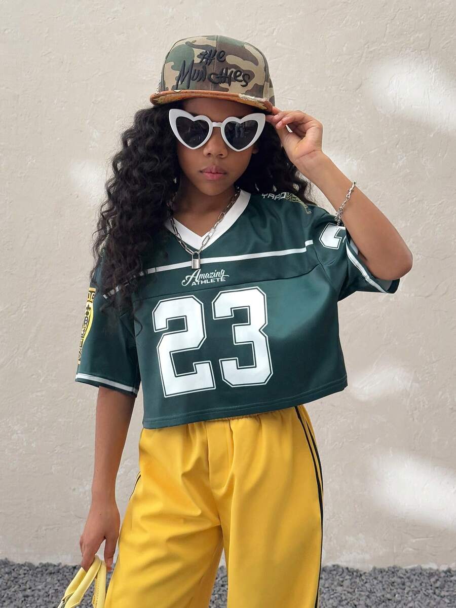 Coolane Kids 少女春夏街头风闪亮透气网眼数字图案绿色V领短袖针织T恤，Y2K风格，针织T恤 - 綠色 - 查看 1