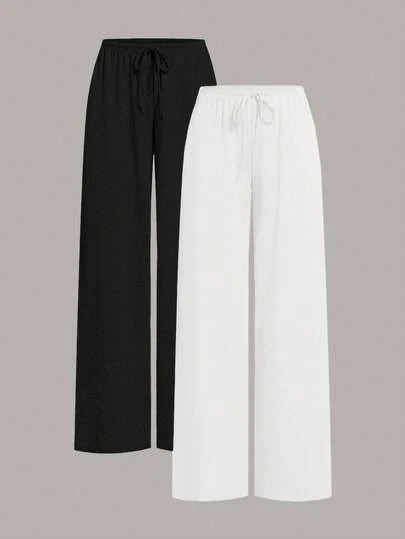 SHEIN EZwear 2 Colors Women Casual Solid Color Wide Leg Knit Pants Black And White Pants Drawstring Pants Wide Leg Summer Pants Women Wide Leg Pants Women Linen Pants