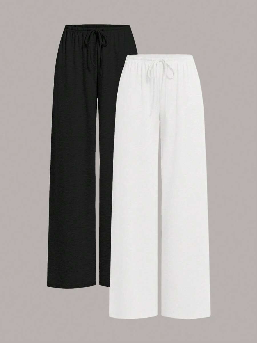 SHEIN EZwear 两色可选 女士休闲纯色阔腿针织裤 - 黑與白 - 查看 1