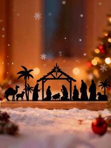 Nativity Sets For Indoor Decor, Black Metal Nativity Scene With Wooden Base People, Nativity Set Decorations For Home Table Shelf - Multicolor - View 5