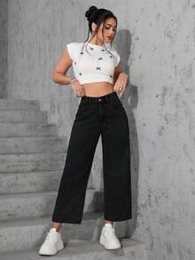 SHEIN ICON Plus Size Women Casual Loose Straight Leg Light Blue Non-Stretch Jeans - Black - View 6
