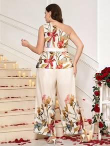 Ellevyn 两件套加大码女式优雅金箔装饰无袖露脐上衣和阔腿裤套装 - 彩色 - 查看 2