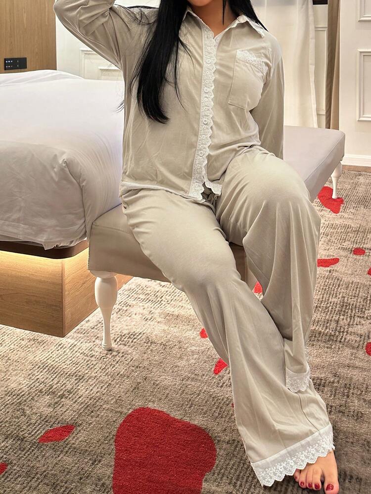 Dazy Plus Elegant Contrast Lace Loose Long Sleeve Cardigan And Straight Leg Pants Pajama Set, Spring/Autumn