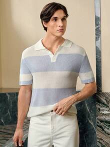 Manfinity Homme Áo polo nam tay ngắn cài khuy cổ tay phối màu tương phản, kiểu dáng thường ngày, chất liệu dệt kim gân sọc, áo sơ mi dệt kim nam, trang phục nghỉ dưỡng mùa hè cho nam giới. - Xanh và trắng - Xem 5