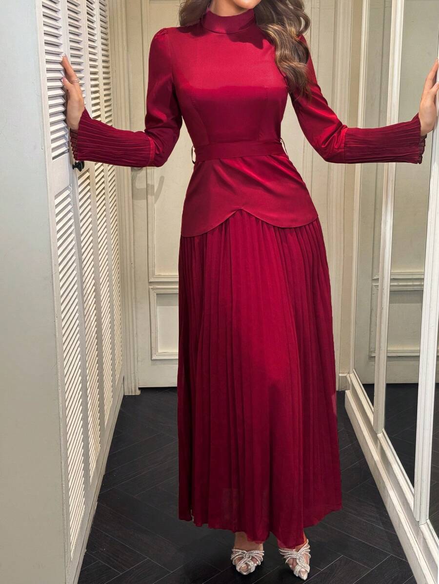Modelyn فستان طويل أنيق بلون البرغندي لحفلات الشرق الأوسط الرسمية والمآدب - عنابي اللون - مشاهدة 1