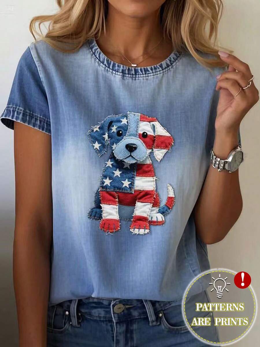 EMERY ROSE Women's Casual Denim Puppy Print Short Sleeve T-Shirt