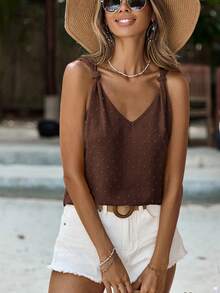 SHEIN Frenchy 女士纯色无袖衬衫 夏季服装 衬衫 夏季上衣 - 咖啡棕 - 查看 5