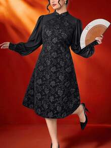 Reflora Plus Size Women's Black Long Sleeve Elegant Patchwork Midi Dress,Autumn/Winter Formal Evening Outfit,Modest Chinese Style Floral Formal Party Dress - Black - View 4