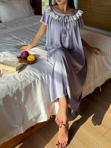 DAZY Midi Length Women's Nightgown With Contrast Color Embroidery And Ruffle Trim - Purple - View 6
