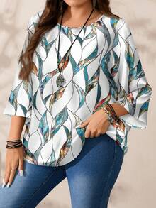 Mellowie Plus Size Women's Abstract Leaf & Geometric Print Casual Loose Fit Round Neck 3/4 Sleeve Blouse, Suitable For Vacation, Spring/Summer Spring - Multicolor - View 6