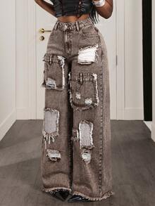 Slaydiva Women's Distressed Slant Pocket Casual Versatile Wide Leg Jeans