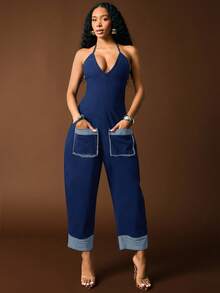 Vixey Plunge Neck Halter Neck Cuffed Hem Detail Barrel Leg Denim Jumpsuit - Medium Wash - View 3
